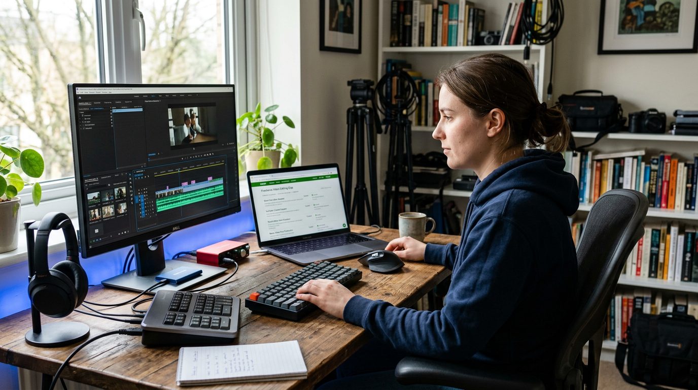 Freelance designer reviewing aggregated gig listings and a drafted proposal on a laptop